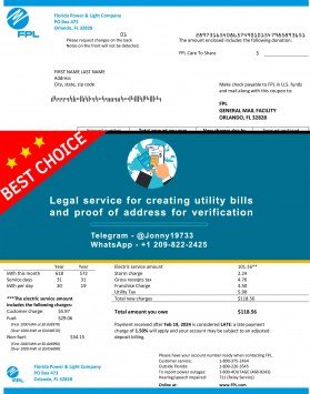 Florida Power & Light Company (FPL) electricity utility bill Sample Fake utility bill